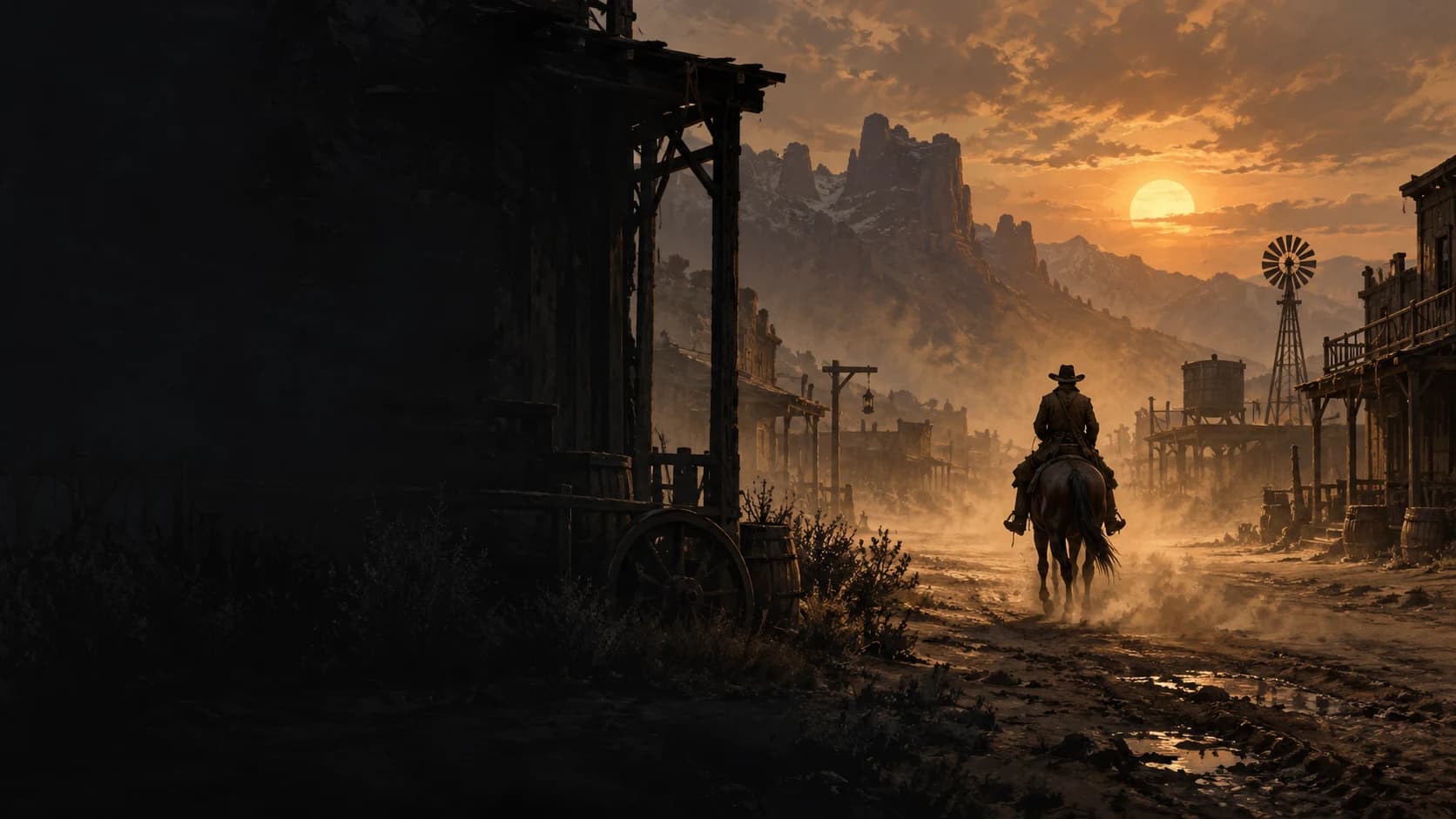 Original western illustration of a rider overlooking a dusty frontier town.